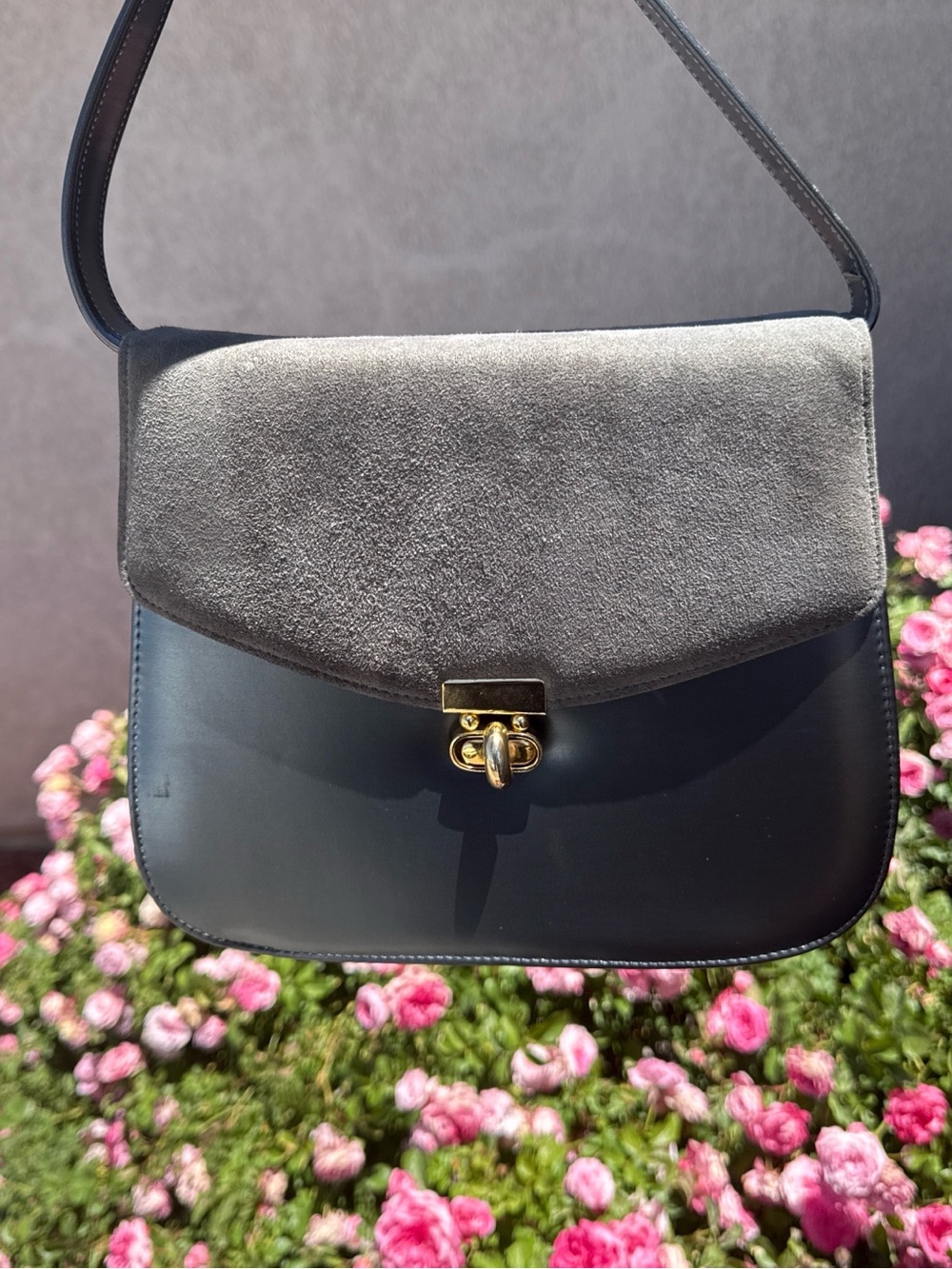 Life Stride Gray Suede Flap Shoulder Bag with Gold-Tone Closure